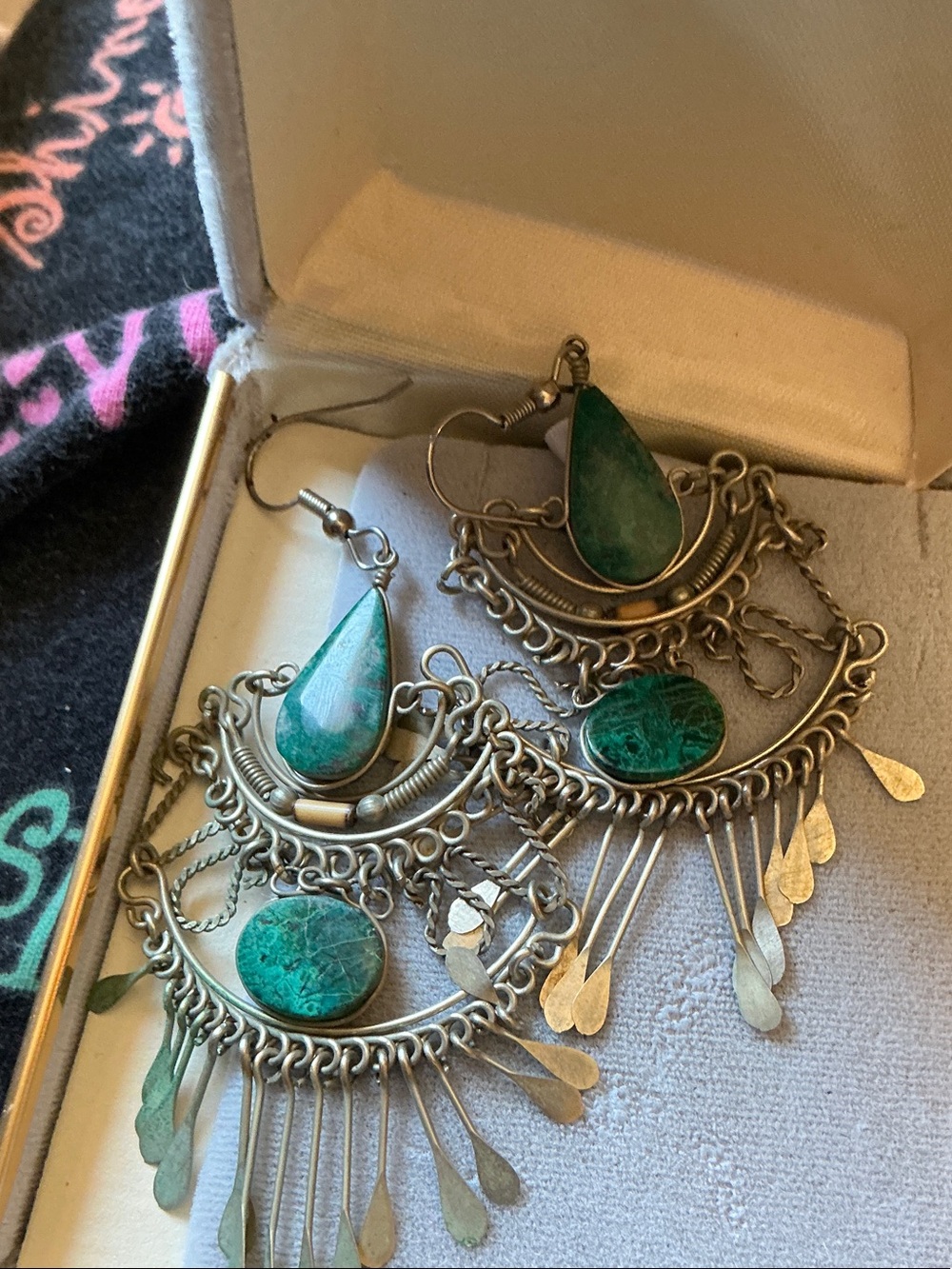 Green Stone Silver Chandelier Earrings - Women Jewelry